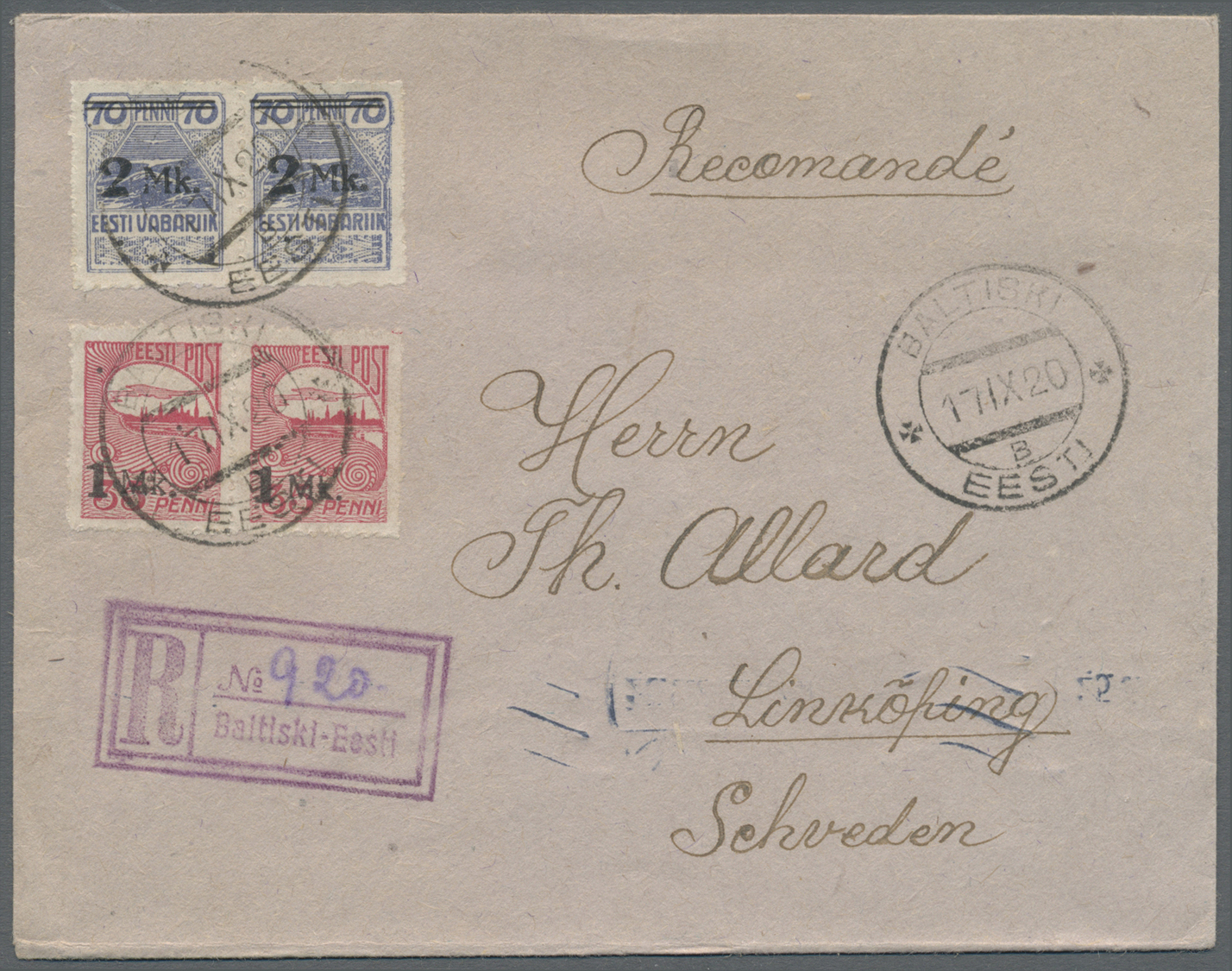 Br Estland: 1920, "1 Mk." On 35 P Carmine + "2 Mk." On 70 P Violet In Pairs With PRIVATE POSTMASTER PERFORATION O - Estonie