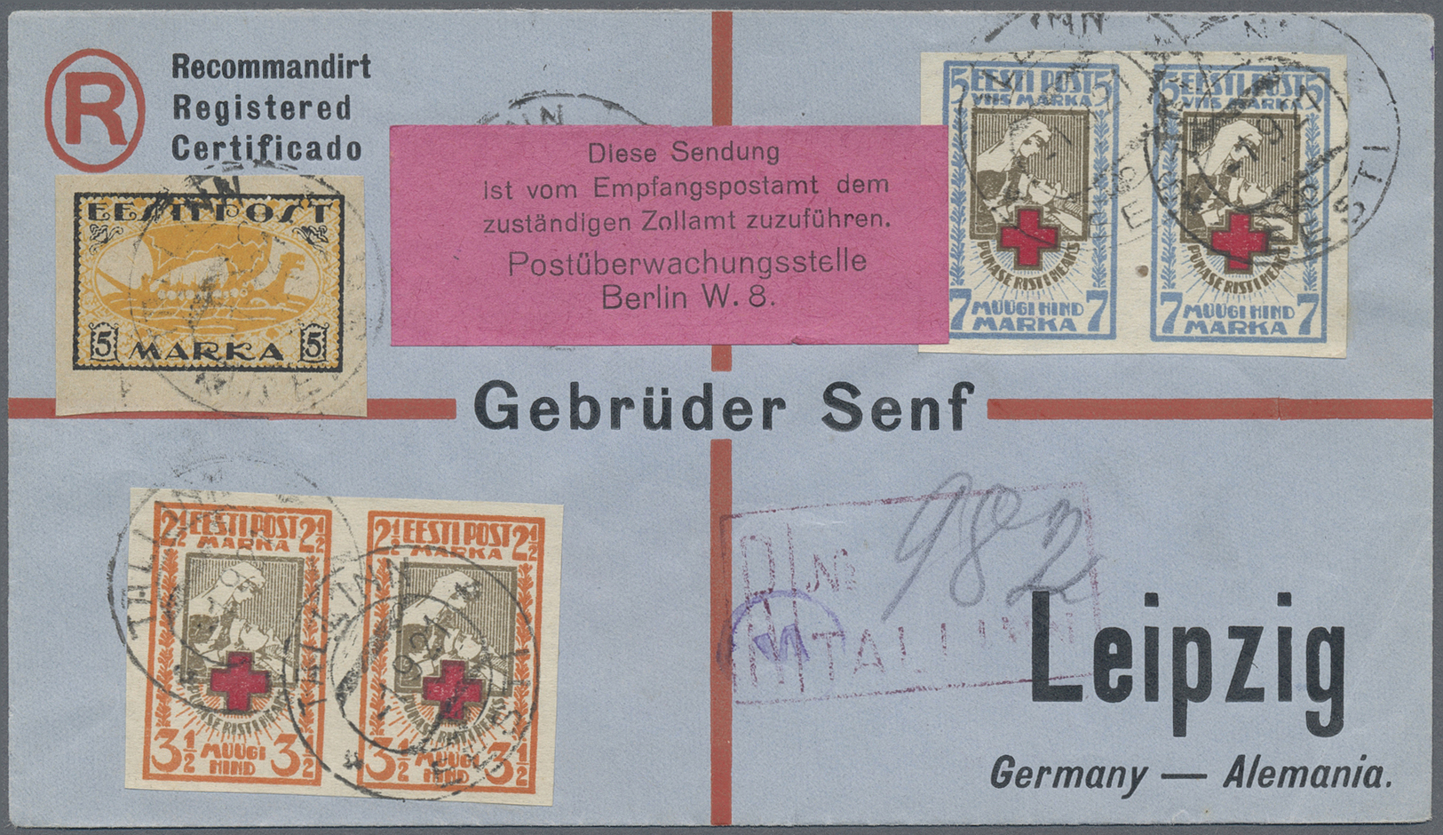 Br Estland: 1921, Registered Letter From TALLIN With Imperf. Pair Of Of Red Cross Set To Leipzig. Unusual Label " - Estonia