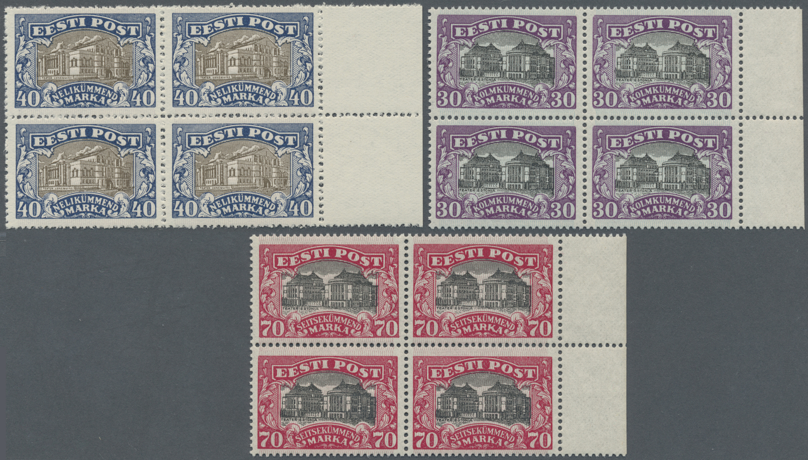 **/ Estland: 1924 - 1927, Freimarken Landkarte Und Nationaltheater, 5 Postfrische Luxus-Randviererblocks, Einheitl - Estonie