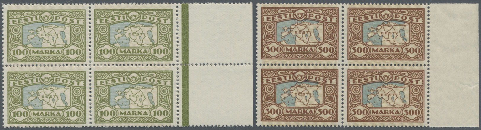 **/ Estland: 1924 - 1927, Freimarken Landkarte Und Nationaltheater, 5 Postfrische Luxus-Randviererblocks, Einheitl - Estonia