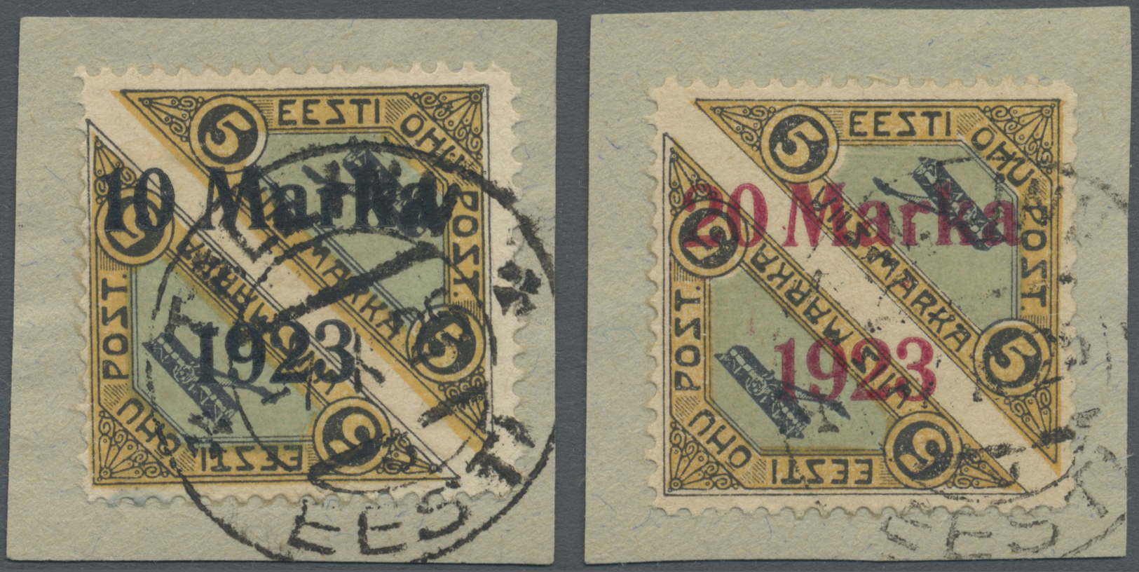 Brrst Estland: 1923, Airmail 10 M. And 20 M. With Private Perforation By "Teesov" On Two Pieces, Fine, Signed Nemval - Estonie