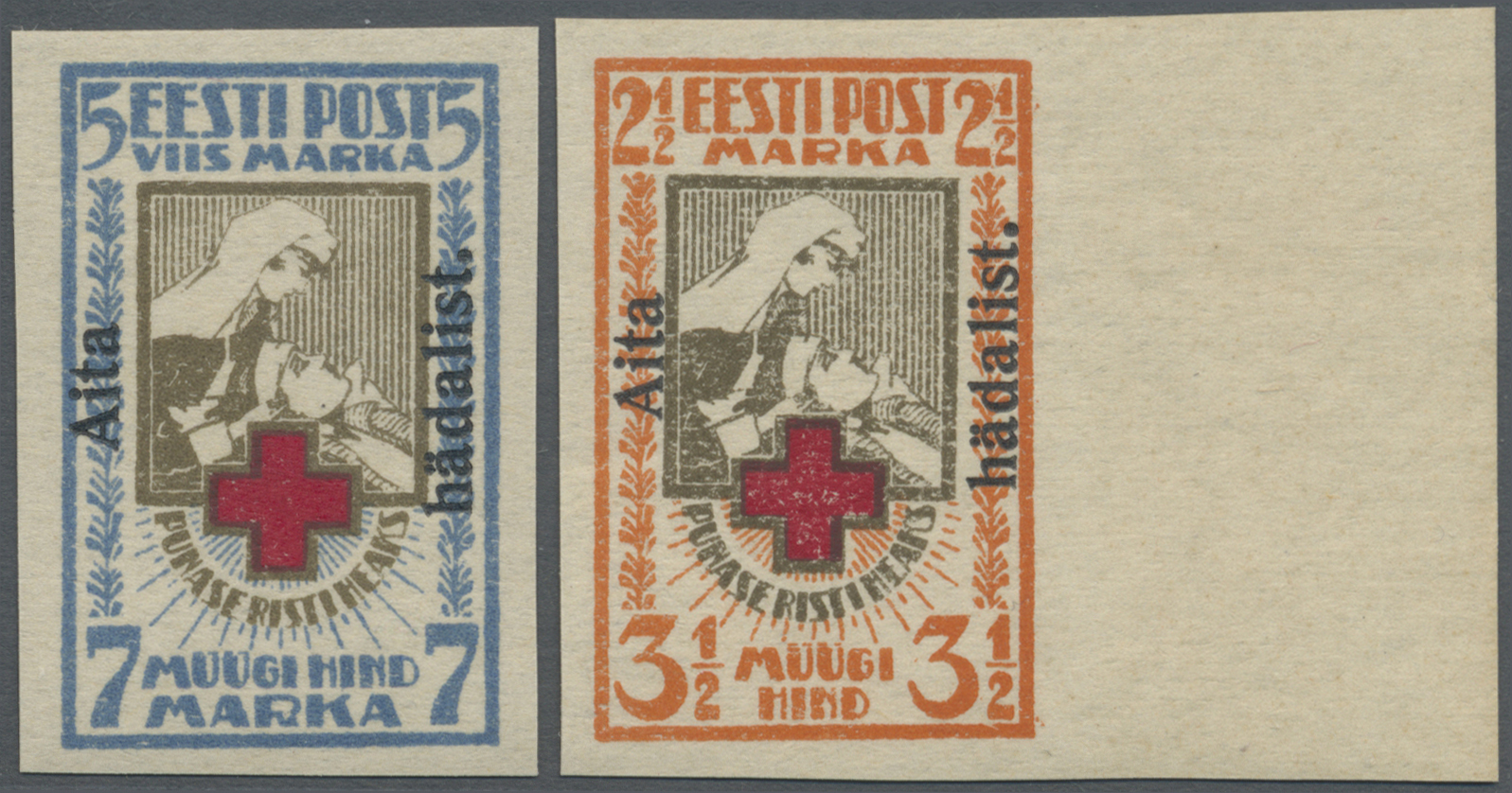 ** Estland: 1923, Wohlfahrtsausgabe 'Rotes Kreuz' 2½ M Und 7 M Mit Aufdruck 'Aita Hädalist', GESCHNITTEN, Postfri - Estonia