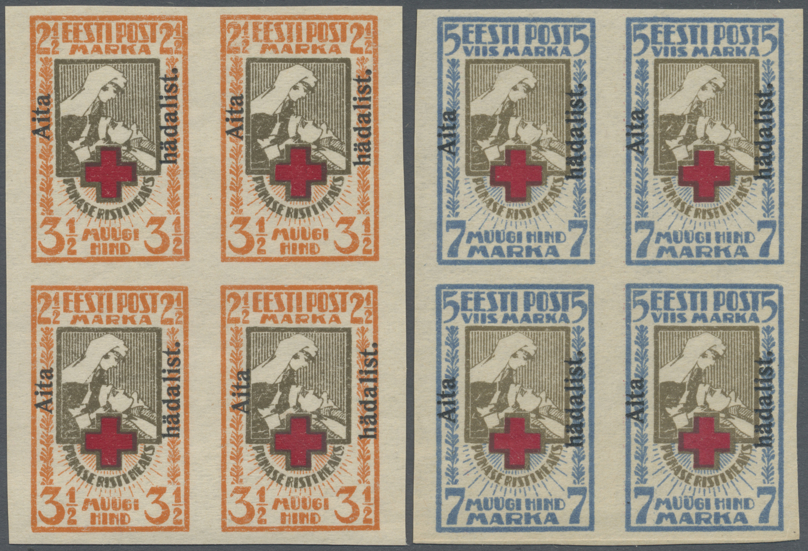 **/ Estland: 1923, Wohlfahrtsausgabe 'Rotes Kreuz' 2½ M Und 7 M Mit Aufdruck 'Aita Hädalist', In GESCHNITTENEN Pos - Estonie