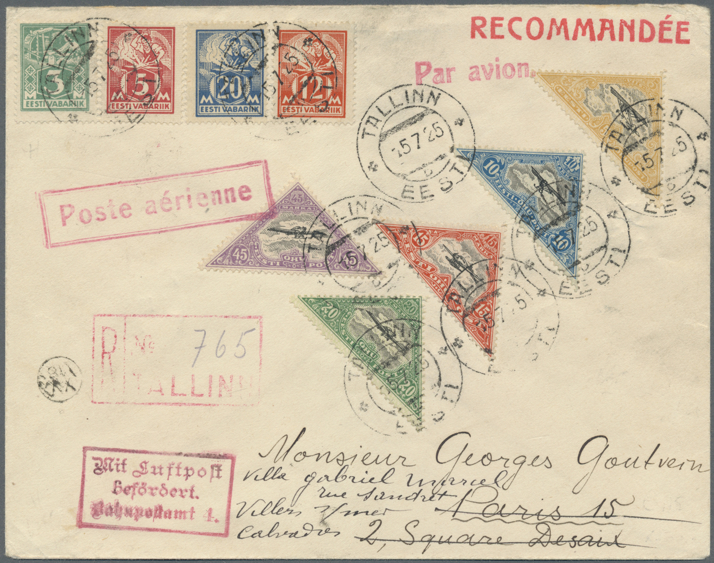 Estland: 1924, Triangular Airmail-stamps 5 M To 45 M + Supplement Stamps On First-Day-Envelope(!) Sent Registe - Estonie