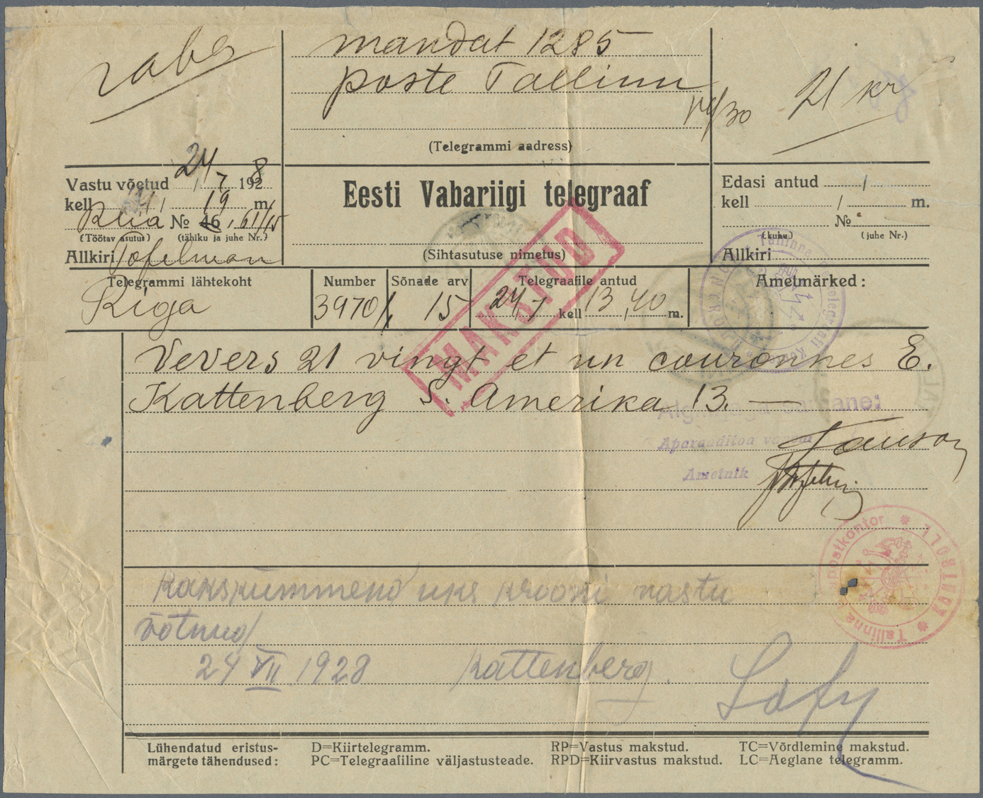 Br Estland: 1925, Craftsman 15 M. Violet, Tied By Cds. "TALLINN 24.VII.28" To Reverse To Telegram Form "Eesti Vab - Estonie