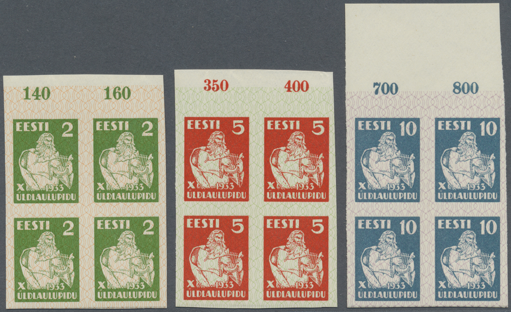 ** Estland: 1933. Proofs In Margin Blocks Of 4 For Complete Set "Tenth National Song Festival". Mint, NH. Cerfica - Estonie