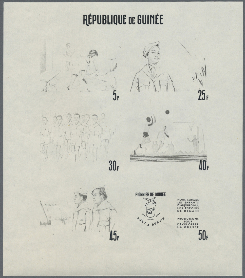 ** Thematik: Pfadfinder / boy scouts: 1969, SCOUTS IN GUINEA - 8 items; progressive plate proofs for the souvenir sheet,