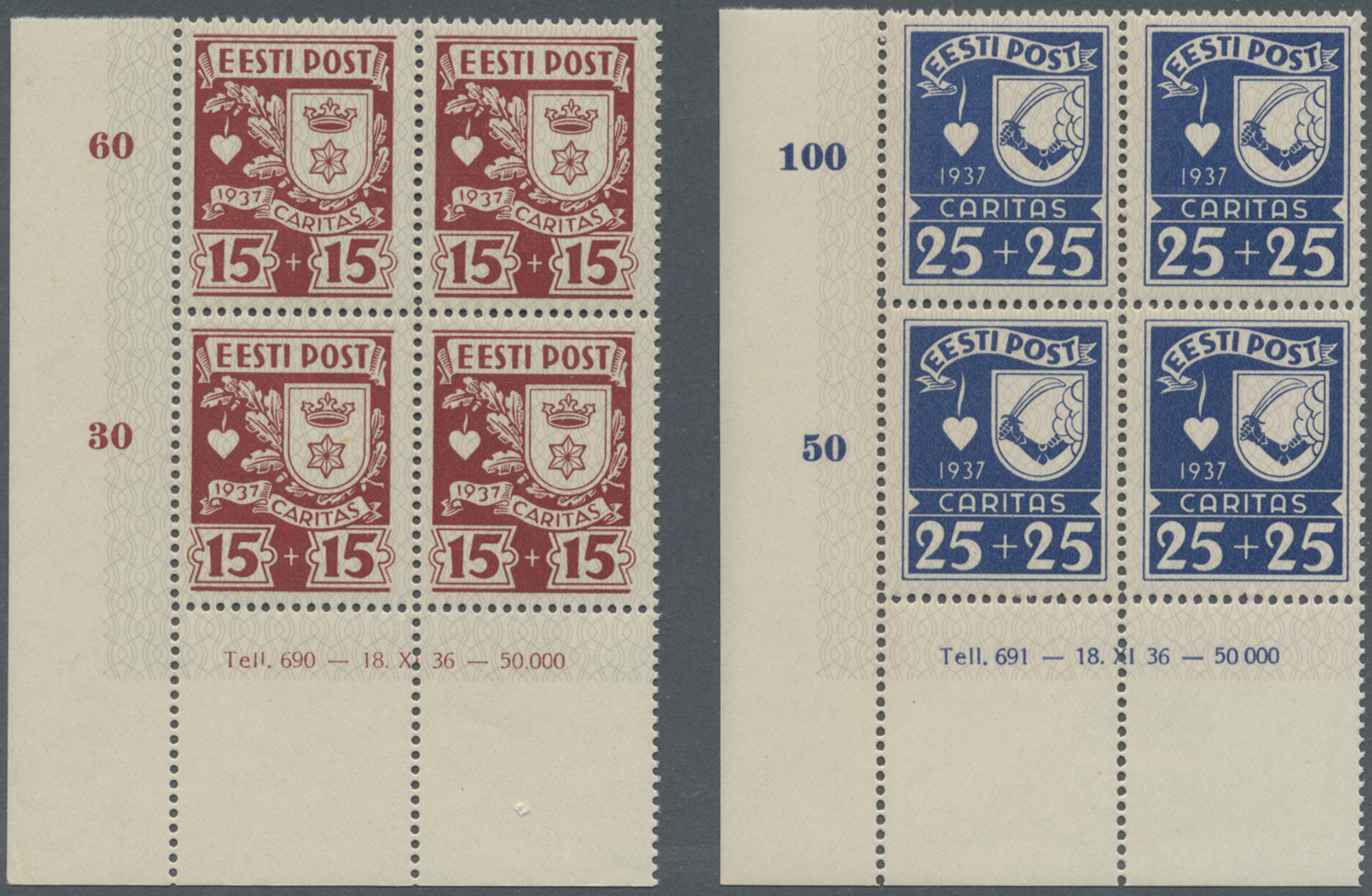 /** Estland: 1937, Gemeinschaftshilfe (Ühisabi)/(II), Postfrische Luxus-Eckrand-Viererblocks Links Unten Mit Kompl - Estonie