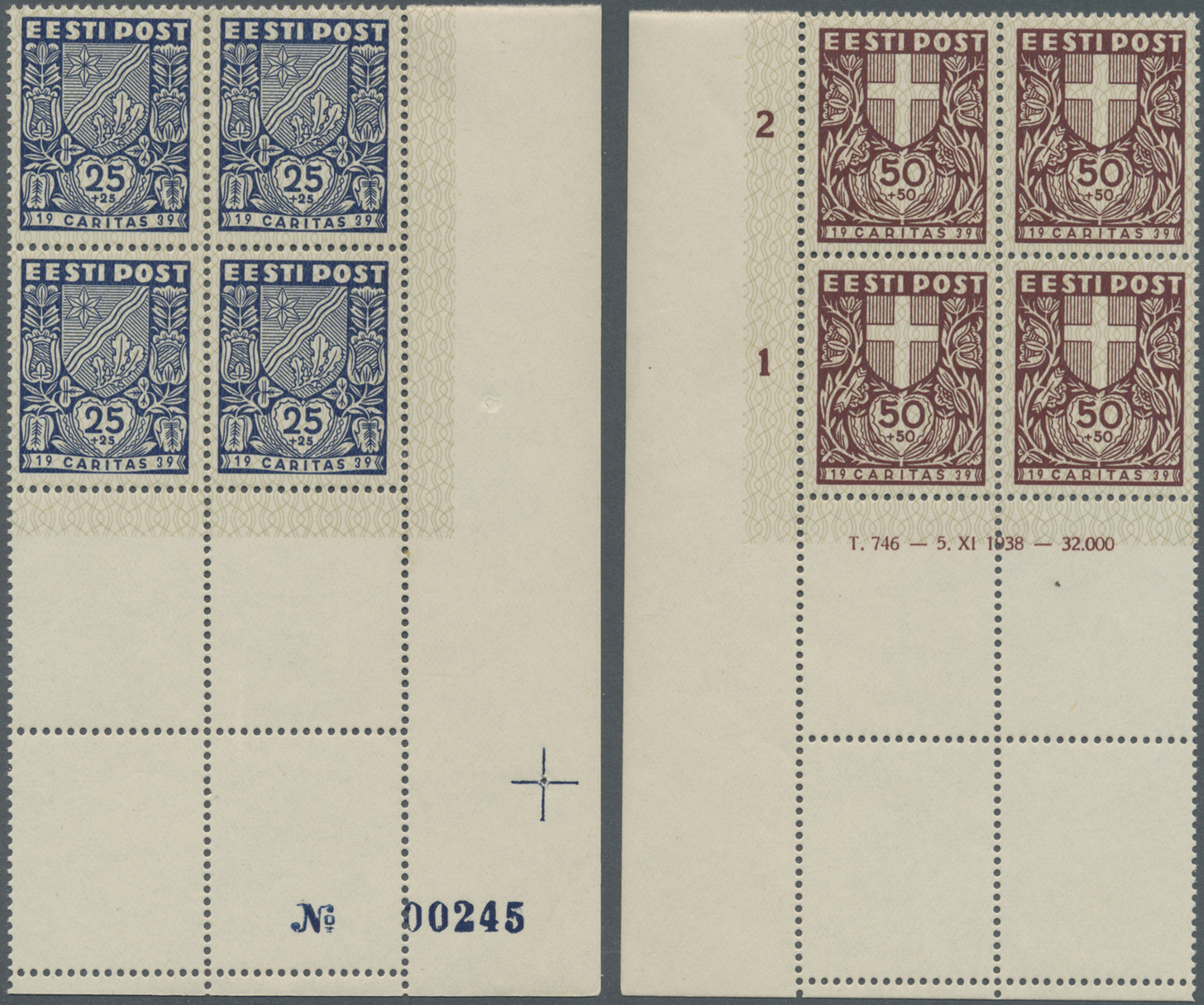 /** Estland: 1939, Gemeinschaftshilfe (Ühisabi)/ (IV): Wappen Der Kreise, Postfrische Luxus-Eckrand-Viererblocks 1 - Estonie