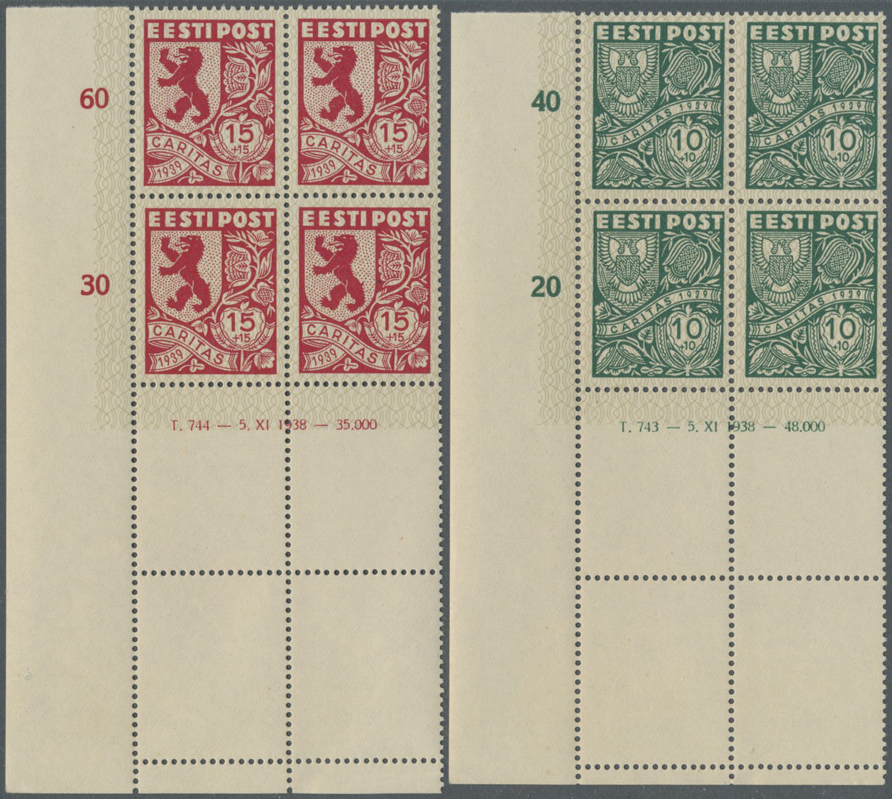 /** Estland: 1939,  Gemeinschaftshilfe (Ühisabi)/ (IV): Wappen Der Kreise, 4 Außergewöhnliche Eckrand-Viererblocks - Estonia