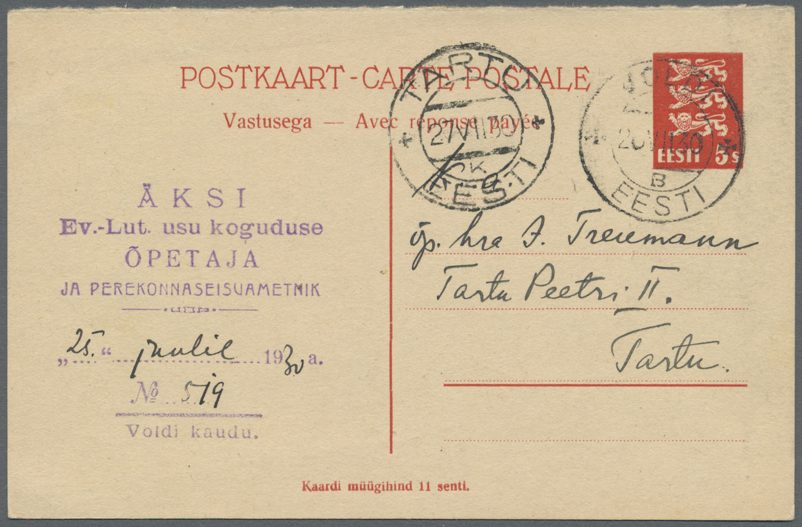 GA Estland - Ganzsachen: 1923/1930, Vier Verschied. Postkarten U.a. Weberin 5 Mk. Von Rakvere (27.2.26), Antwortt - Estonie