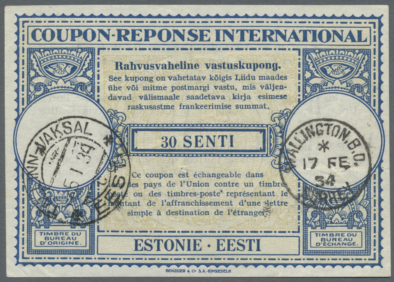 GA Estland - Ganzsachen: 1934, Eesti International Reply Coupon IRC "30 Senti" Muster London With Canc. "TALLINN - Estonie