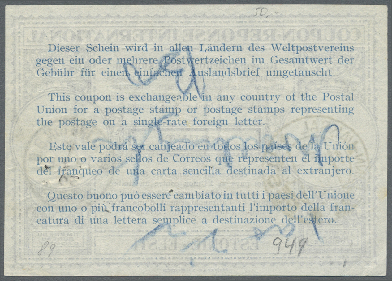 GA Estland - Ganzsachen: 1934, Eesti International Reply Coupon IRC "30 Senti" Muster London With Canc. "TALLINN - Estonie