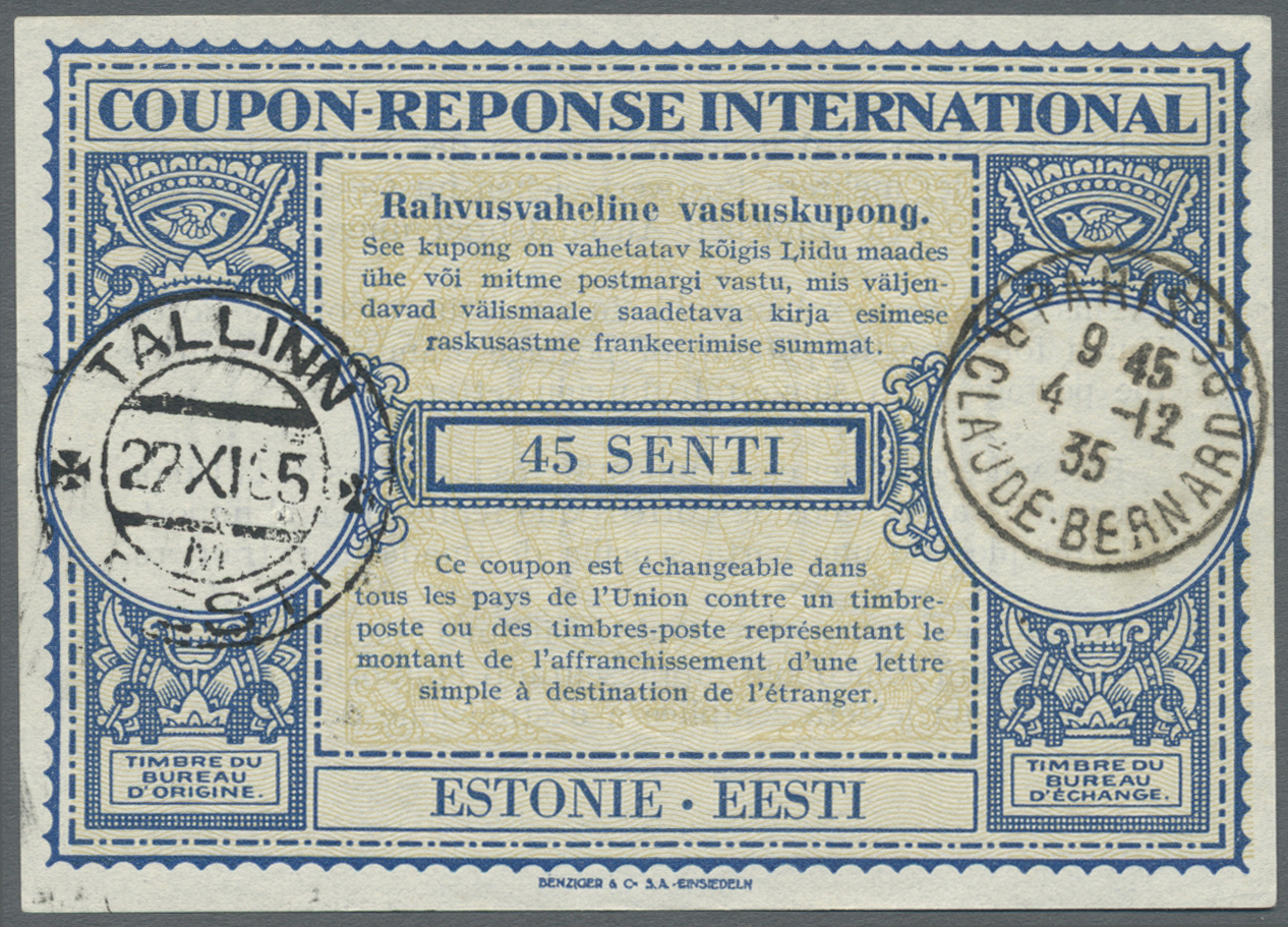 GA Estland - Ganzsachen: 1935, Eesti International Reply Coupon IRC "45 Senti" Muster London With Canc. "TALLINN - Estonie