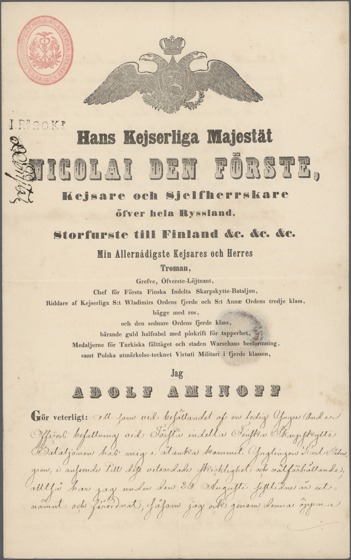 Br Finnland: 1855/1872: Three Stamped Documents Including 1855 'Nicolai Den Förste' (Emperor Nicholas I.) Financi - Lettres & Documents