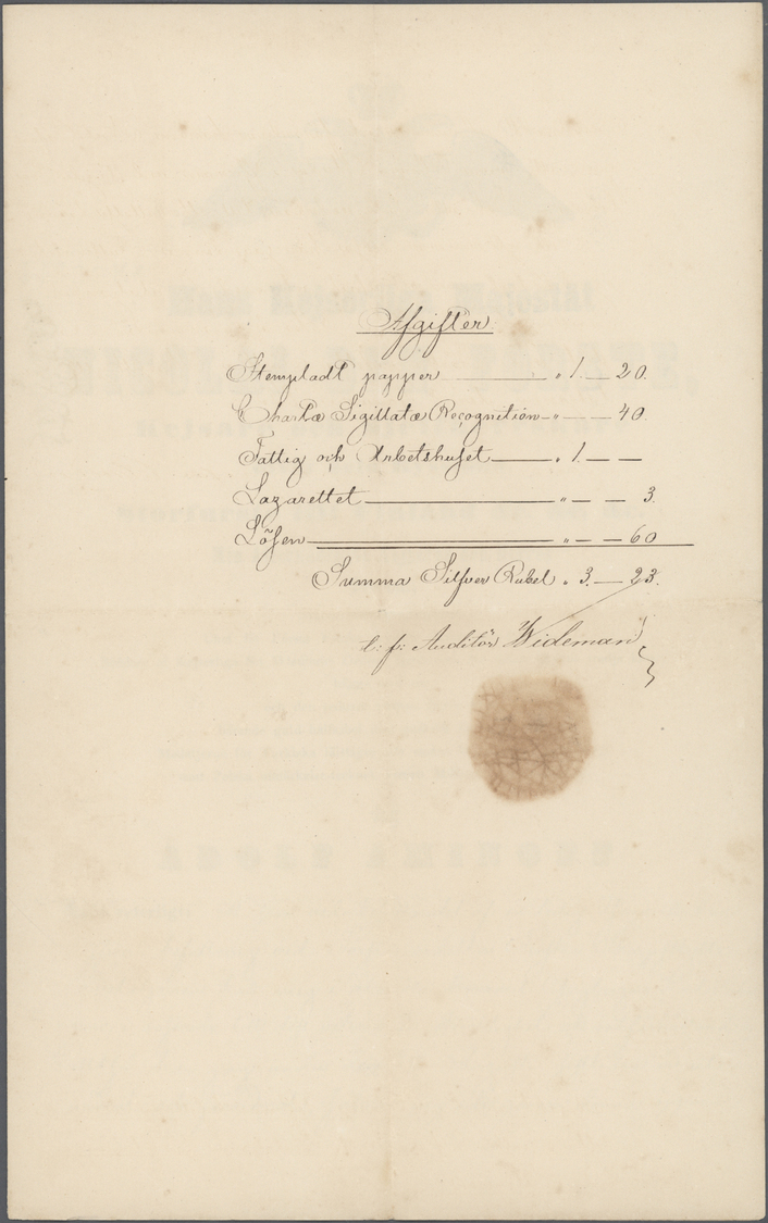 Br Finnland: 1855/1872: Three Stamped Documents Including 1855 'Nicolai Den Förste' (Emperor Nicholas I.) Financi - Covers & Documents
