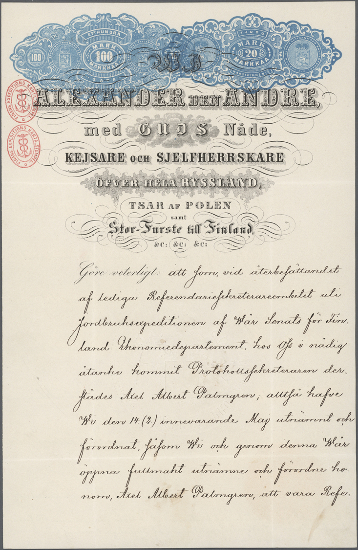 Br Finnland: 1855/1872: Three stamped documents including 1855 'Nicolai den Förste' (Emperor Nicholas I.) financi