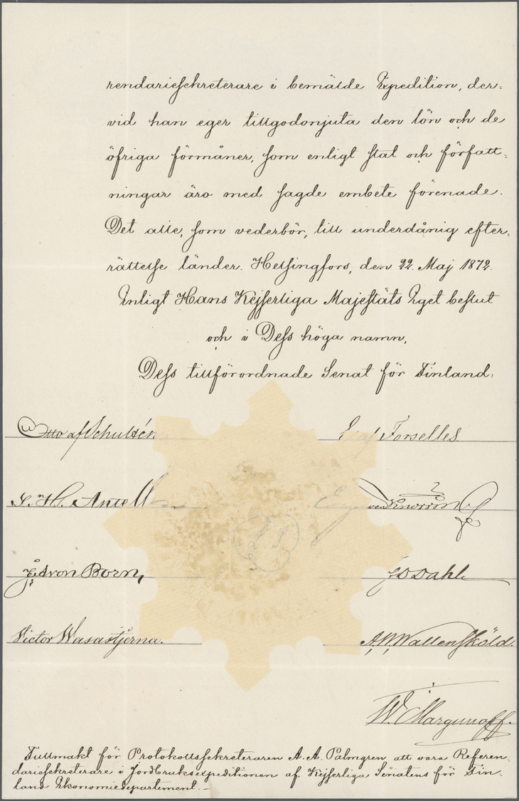 Br Finnland: 1855/1872: Three stamped documents including 1855 'Nicolai den Förste' (Emperor Nicholas I.) financi