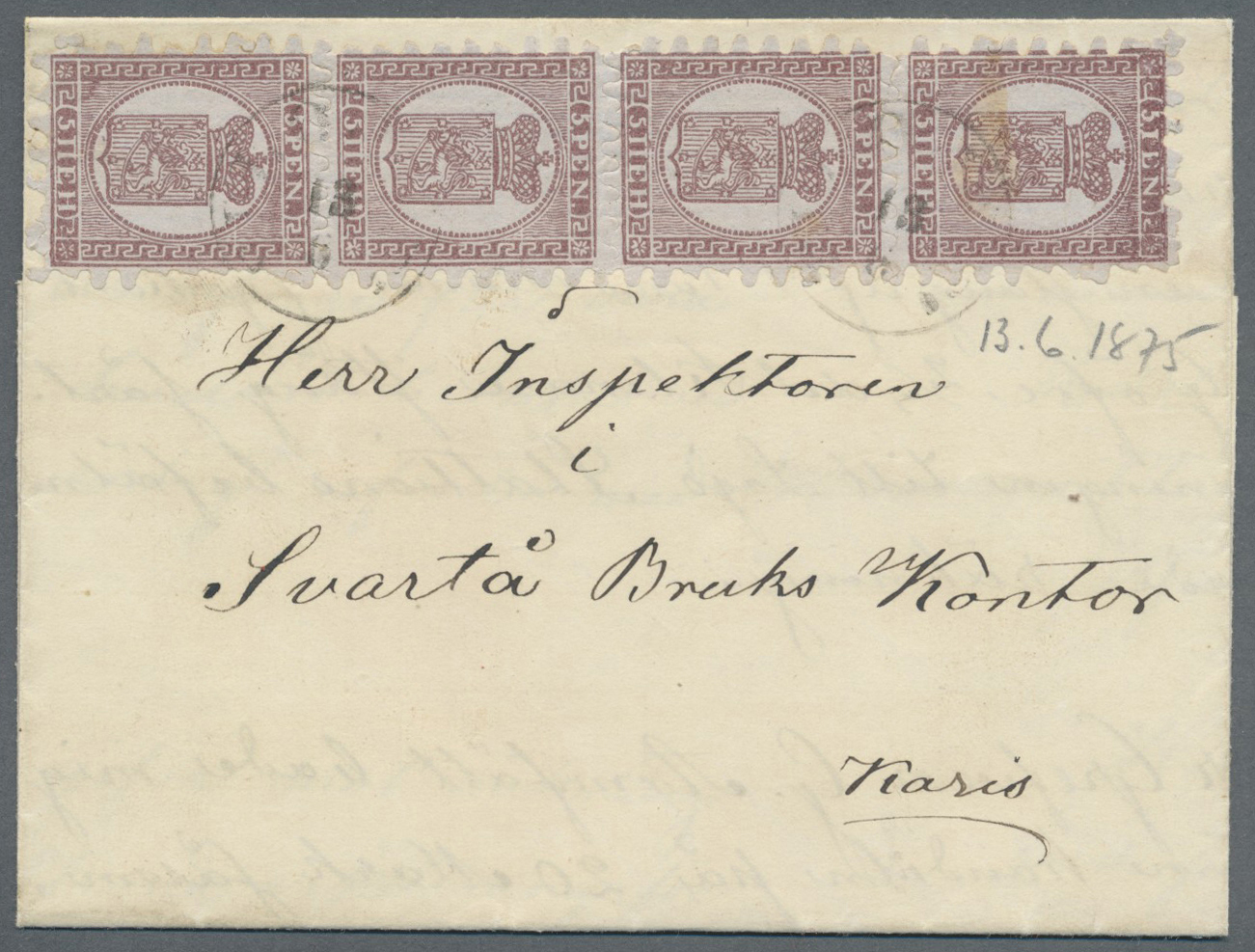 Br Finnland: 1866, 5 Pen. Lilac-brown On Pale Lilac-blue Vertical Laid Paper, Perf. II / B In Vertical Strip Of F - Lettres & Documents