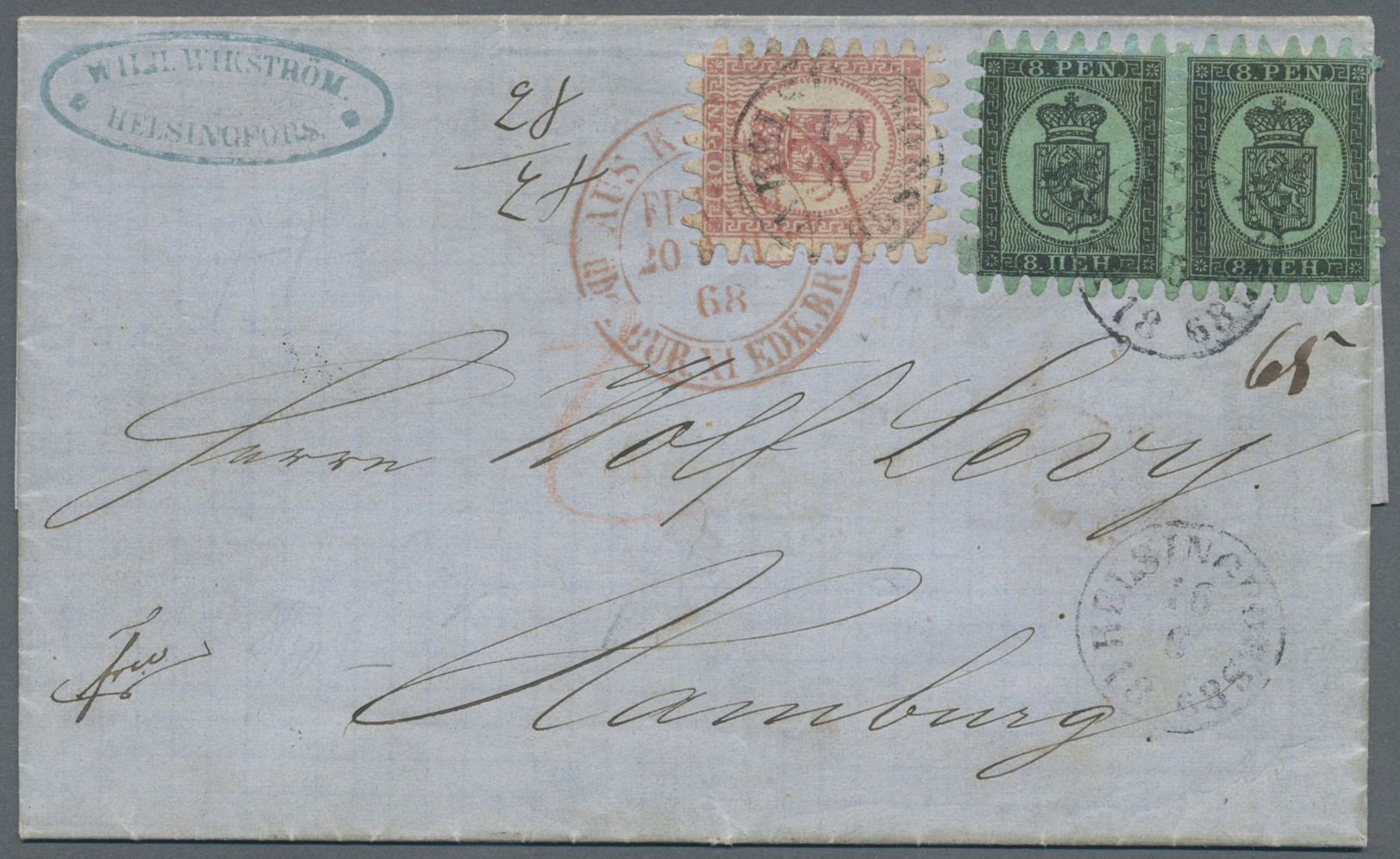 Br Finnland: 1866, 8 Pen. Black,a Pair On Ordinary Green Paper (right Stamp Perf. Faults, Others Superb) And Very - Covers & Documents