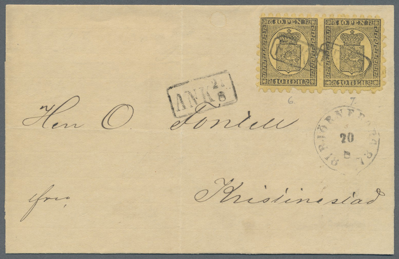 Br Finnland: 1866, 10 Pen. Black On Ordinary Brown-yellow Paper, Perf. I / A (1873) In Horizontal Pair (few Short - Lettres & Documents