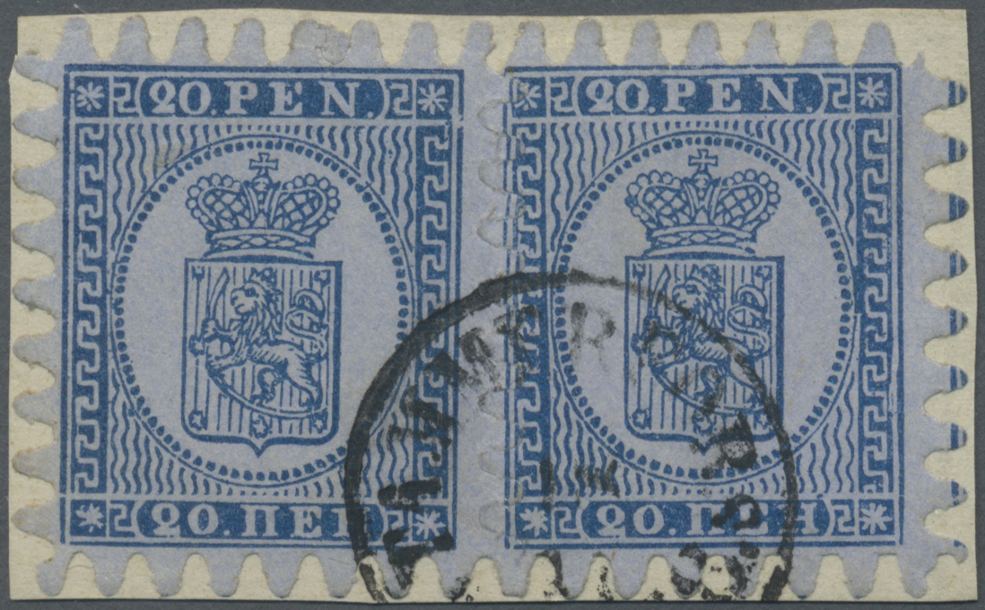 Brrst Finnland: 1866/1874 20p. Blue On Normal Bluish Paper, Roulette III, Horizontal Pair Used On Piece, Tied By Fin - Lettres & Documents