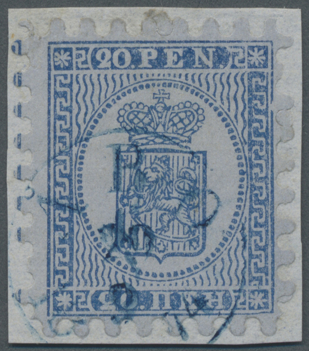 Brrst Finnland: 1868/74. Wappenzeichnung 20 P. Dunkelblau Auf Gewöhnlichem, Graublauem Papier, Schaufelförmiger Durc - Lettres & Documents