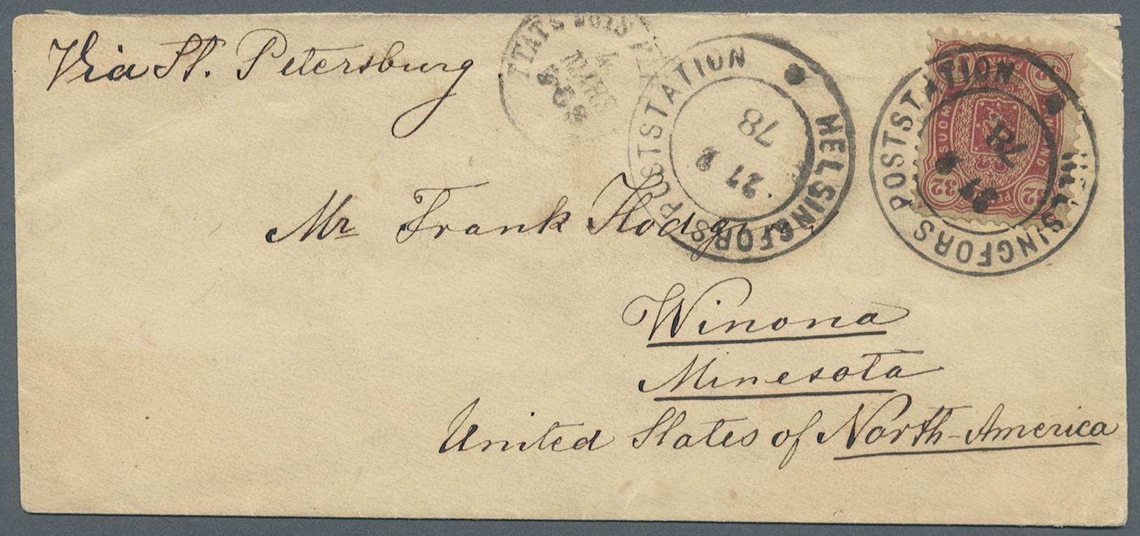 Br Finnland: 32 P. Karmin Einzelfrankatur 1878 Von Helsingfors Nach Minnesota/USA, Post Vor 1880 Nach Übersee Ext - Covers & Documents