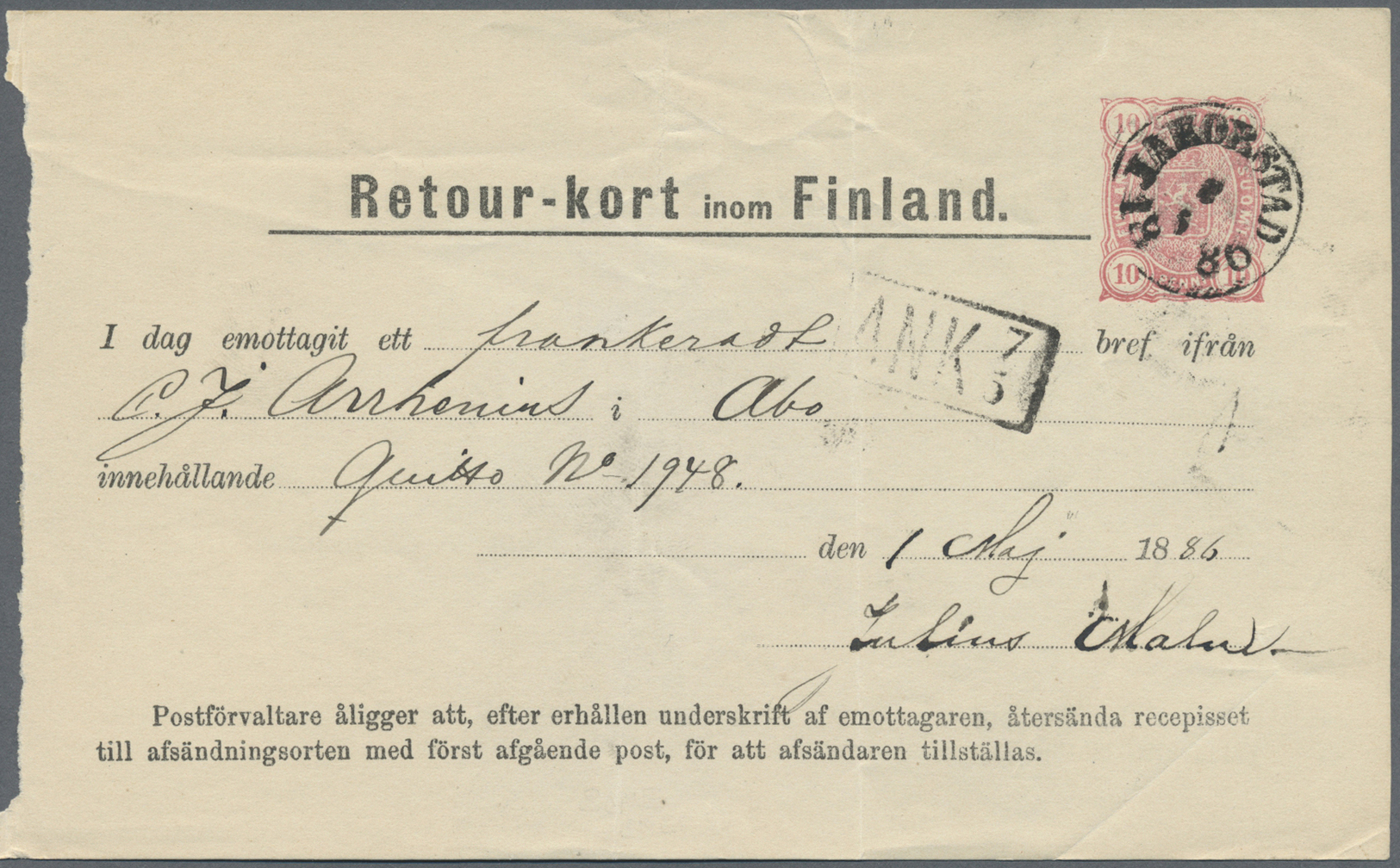 GA Finnland: 1886/1901, Zweisprachige Rückscheine Aus Jakorstadt Nach Abo, Bzw. Von Parkano Nach Abo. Sehr Gute E - Covers & Documents