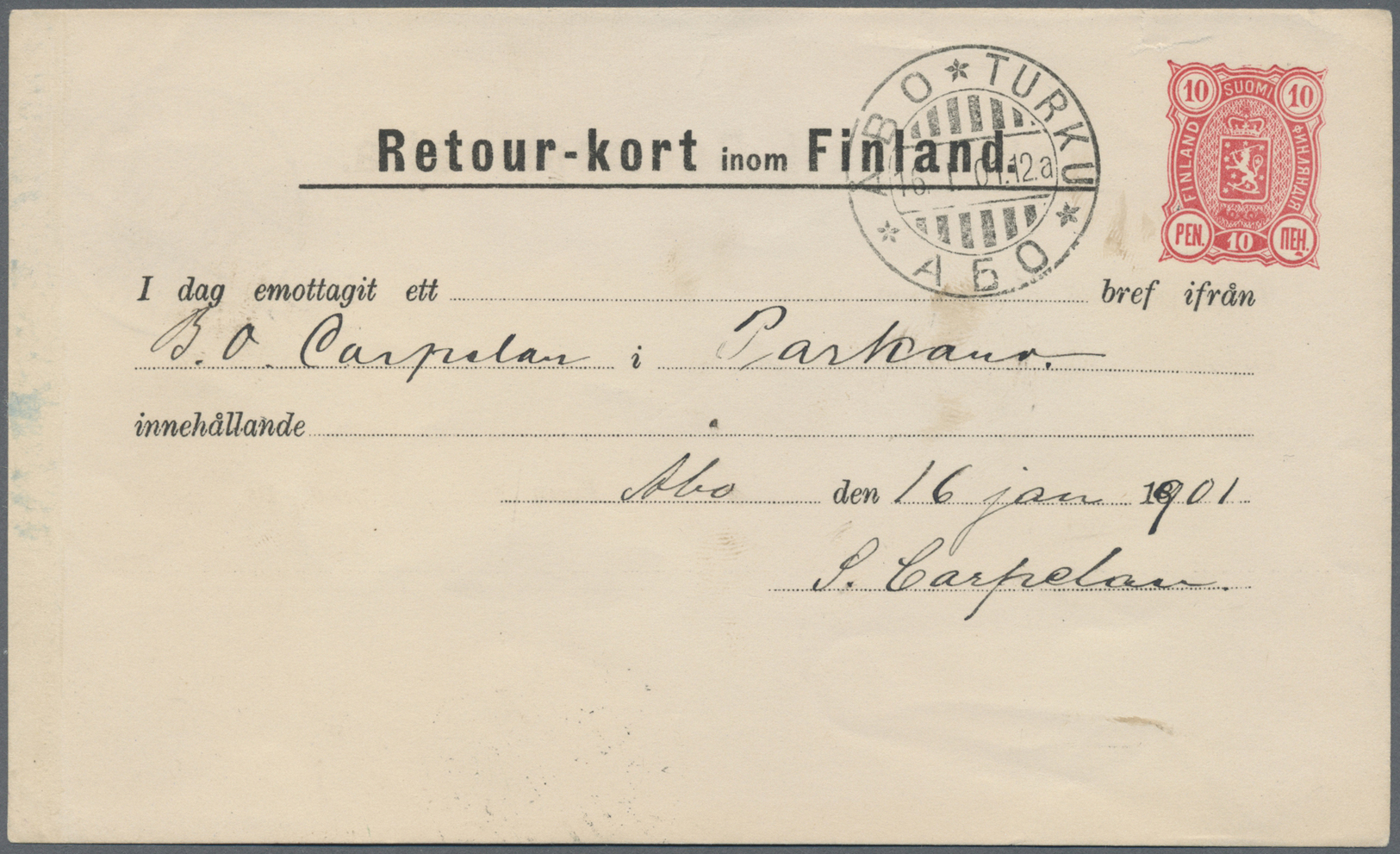 GA Finnland: 1886/1901, Zweisprachige Rückscheine Aus Jakorstadt Nach Abo, Bzw. Von Parkano Nach Abo. Sehr Gute E - Covers & Documents