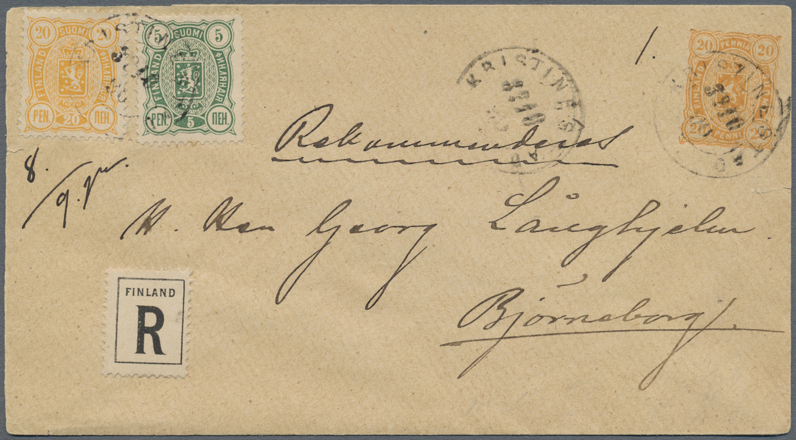 GA Finnland: 1890 GSU 20 P. Mit Zus.-Frank. 5 + 20 P. Als R.-Brief Von "KRISTINESTAD" Nach Bjorneborg, Kleiner R. - Lettres & Documents