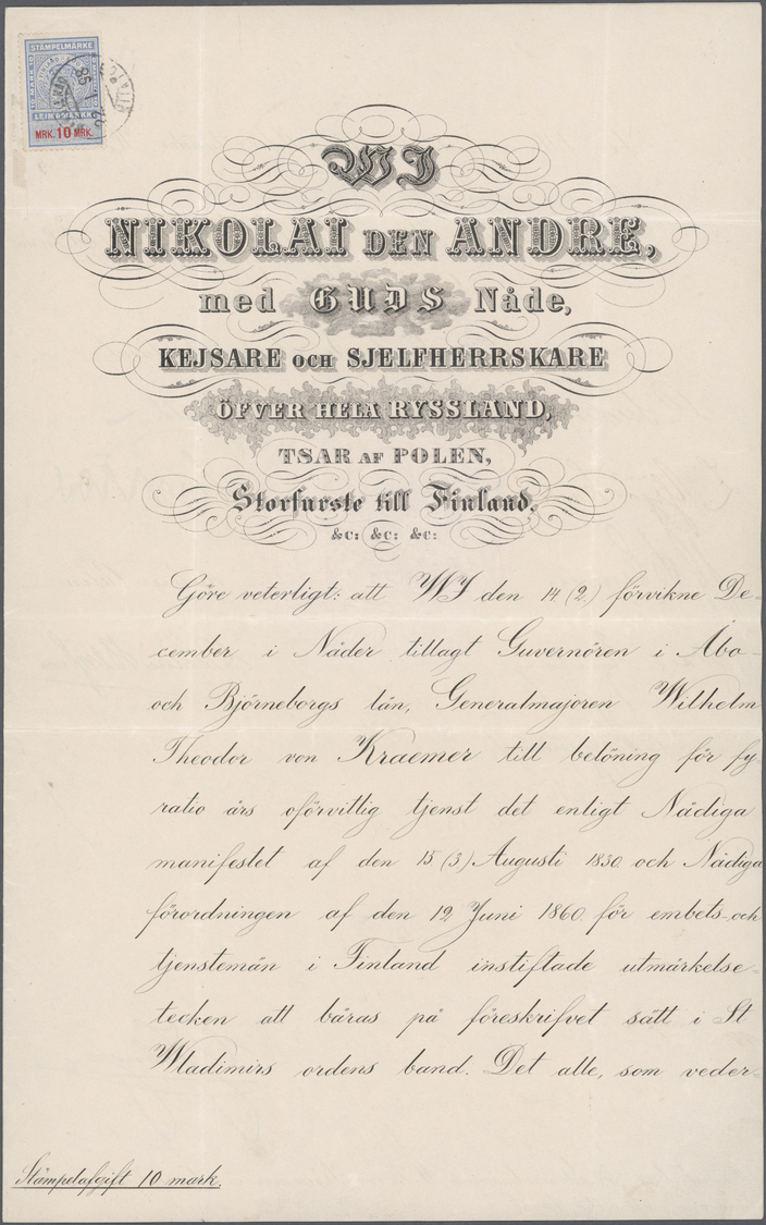 Br Finnland: 1898 Document In Name Of Nicholas II., Emperor Of Russia, Tsar Of Poland, Grand Prince Of Finland Da - Covers & Documents