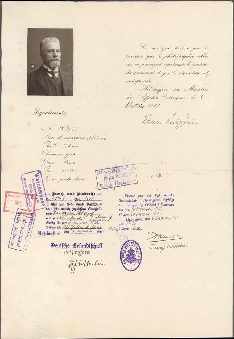 Br Finnland: 1921 Axel PALMGREN: Gouvernment Of Finland Official Traveling Passport For Mr. Axel Palmgren (the La - Lettres & Documents