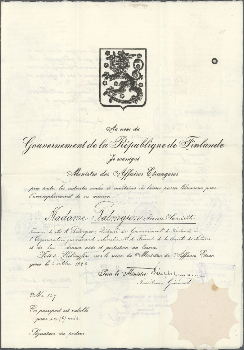 Br Finnland: 1921 Axel PALMGREN: Gouvernment of Finland official traveling passport for Mr. Axel Palmgren (the la