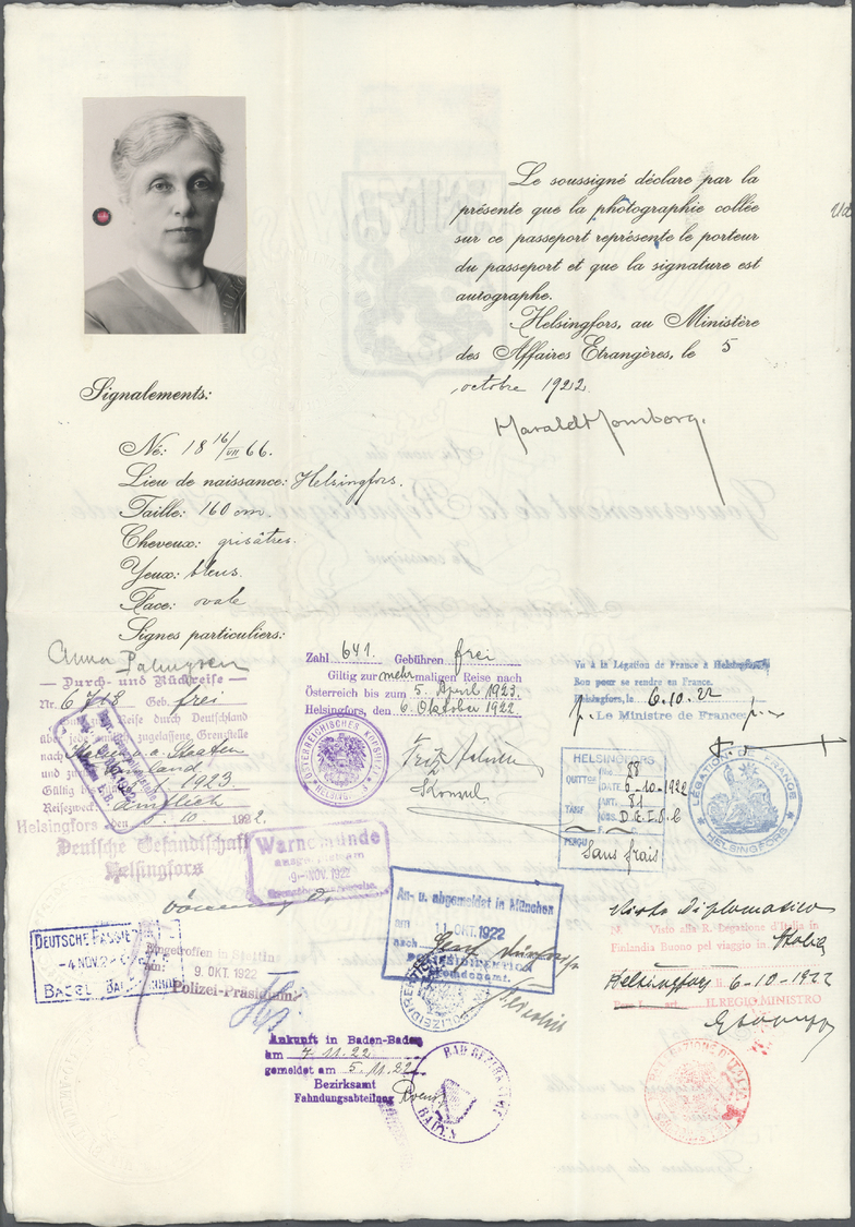 Br Finnland: 1921 Axel PALMGREN: Gouvernment of Finland official traveling passport for Mr. Axel Palmgren (the la