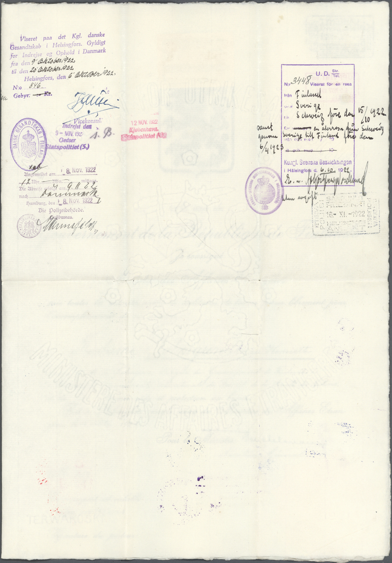 Br Finnland: 1921 Axel PALMGREN: Gouvernment of Finland official traveling passport for Mr. Axel Palmgren (the la