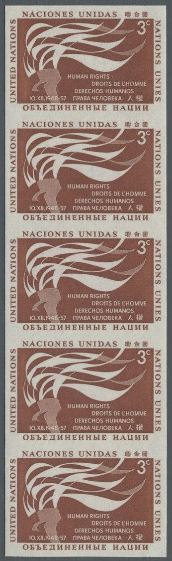 ** Thematik: Politik / Politics: 1957, UN New York. Imperforate, Vertical Strip Of 5 For The 3c Value Of The Issue "Huma - Unclassified