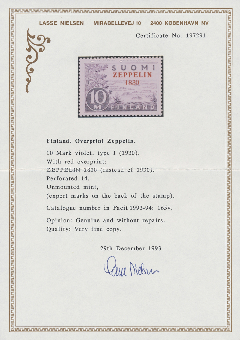 ** Finnland: 1930, Zeppelin 10 M. With Overprint Error "ZEPPELIN 1830" (instead Of 1930), Mint Never Hinged With - Covers & Documents