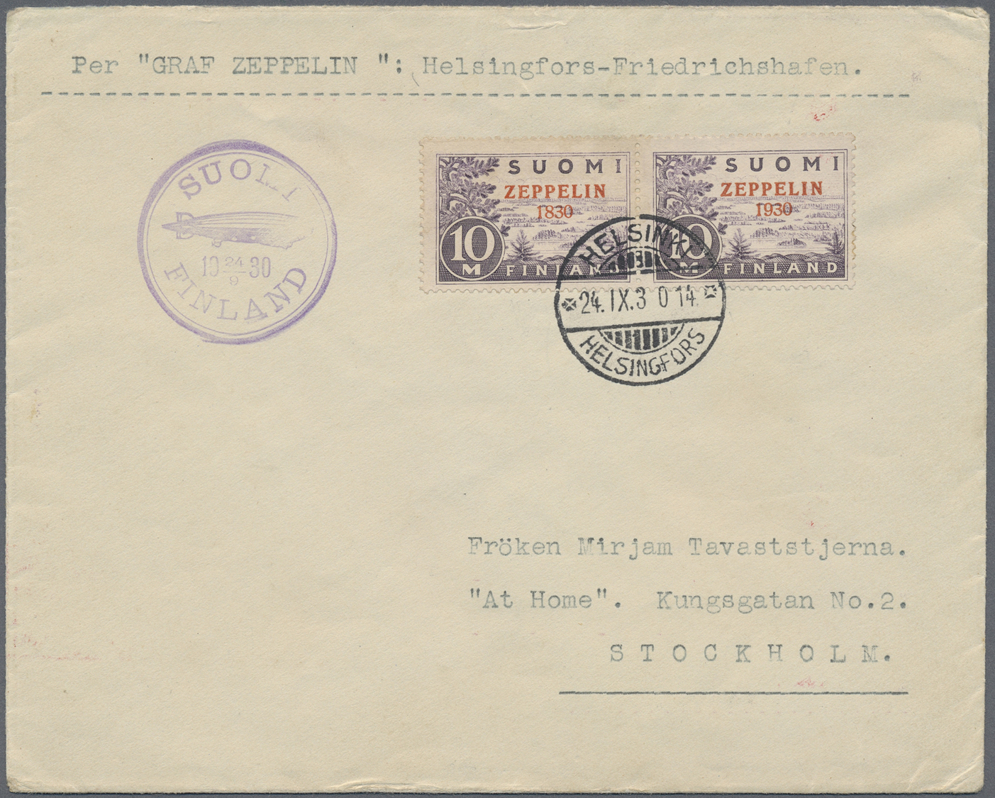 Br Finnland: 1930, Zeppelin 10 M., Horizontal Pair, Left Stamp With Overprint Error "ZEPPELIN 1830" (instead Of 1 - Lettres & Documents
