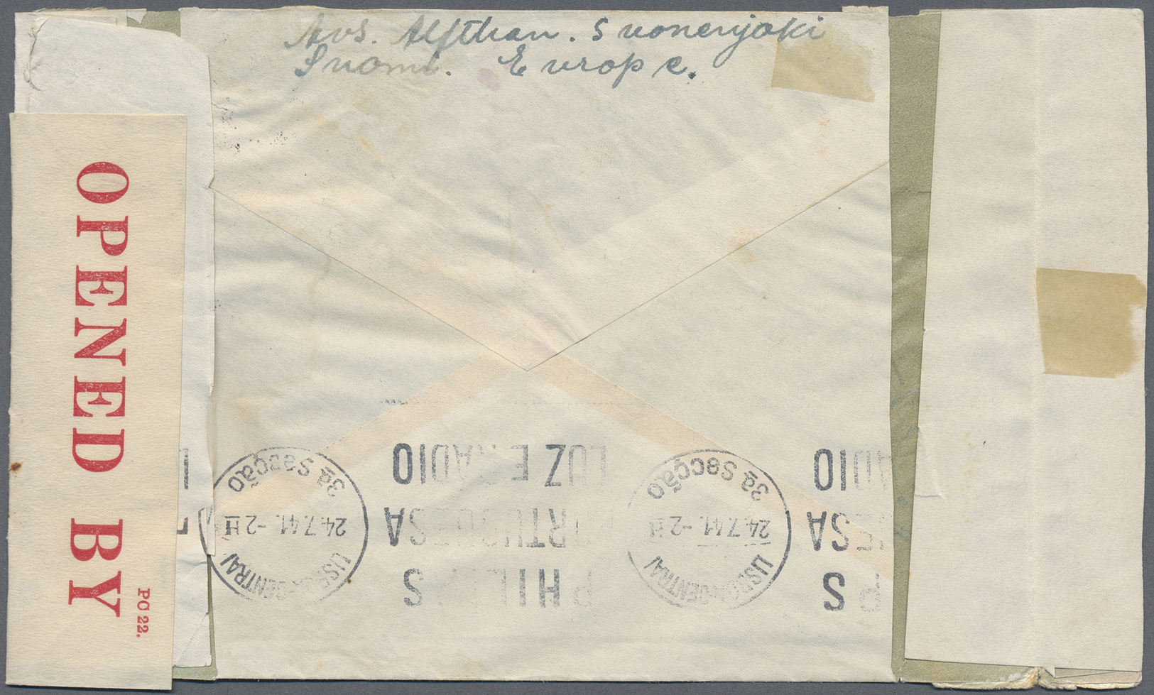 Br Finnland: 1941. Air Mail Envelope Addressed To New York Bearing Finland Yvert 153, 5m Indigo (2) And Yvert 222 - Covers & Documents