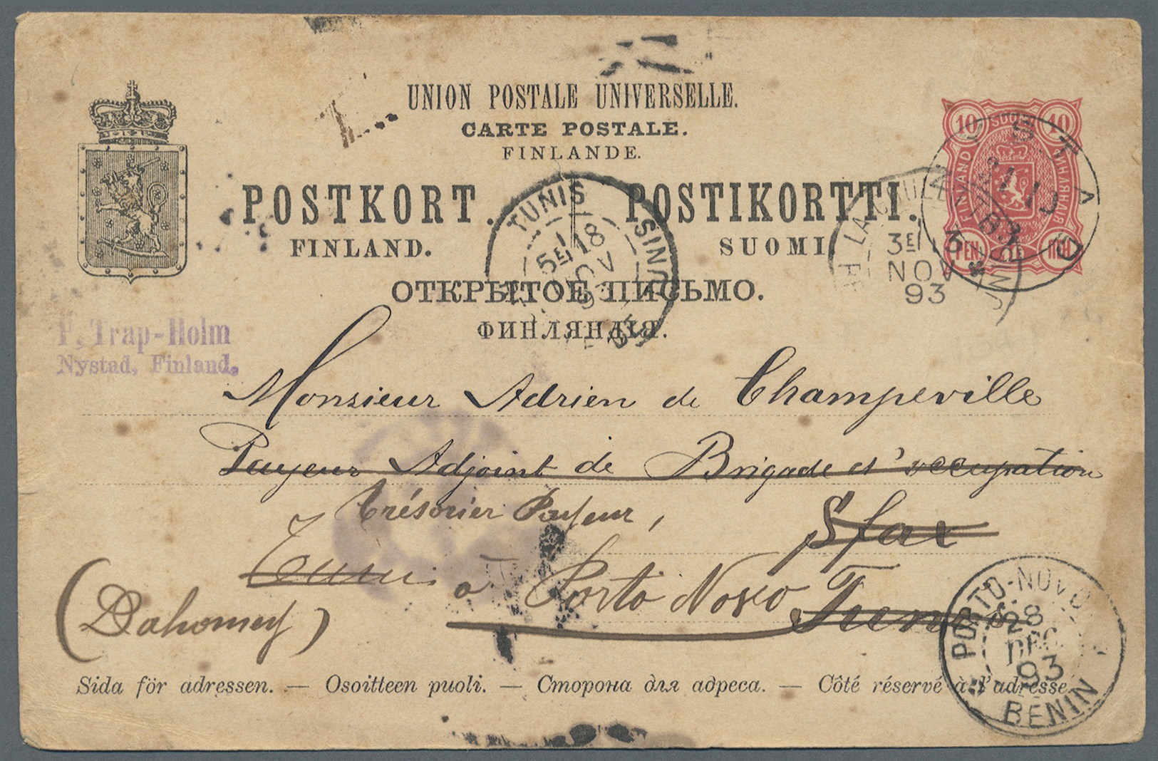GA Finnland - Ganzsachen: 1893. Postal Stationery Card 10p Rose (stains And Toned) Cancelled By Nystad Date Stamp - Entiers Postaux