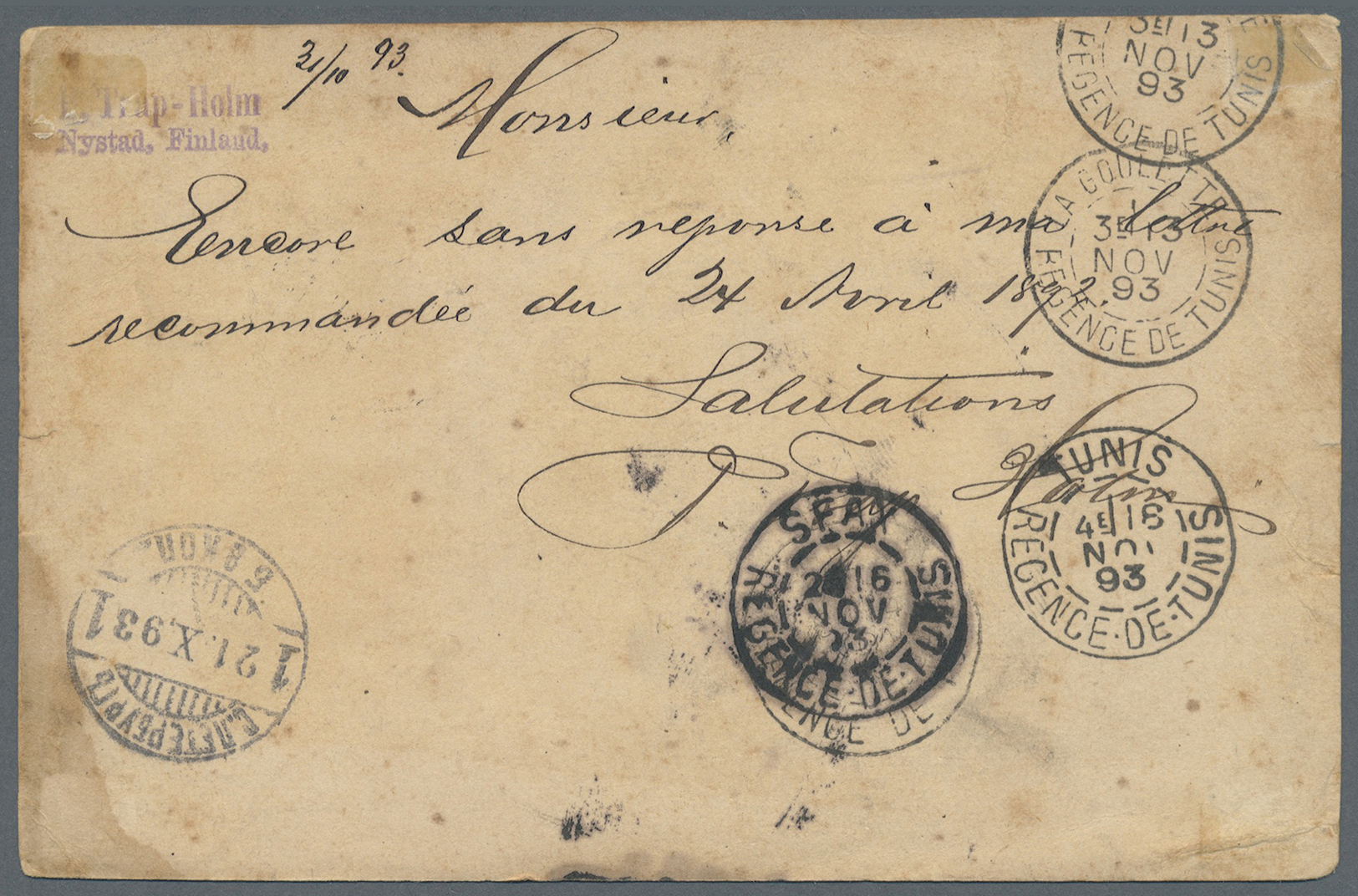GA Finnland - Ganzsachen: 1893. Postal Stationery Card 10p Rose (stains And Toned) Cancelled By Nystad Date Stamp - Postal Stationery