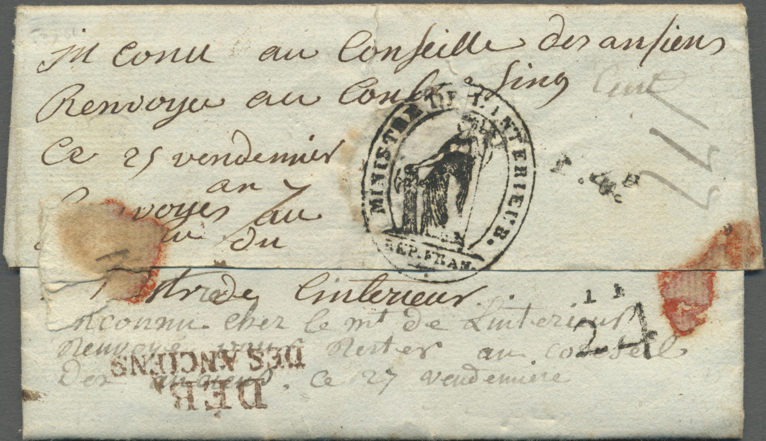 Br Frankreich - Vorphilatelie: 1798, DÉB / DES ANCIENS, Red Double-line On Complete Folded Letter Cover With Orig - 1792-1815: Départements Conquis