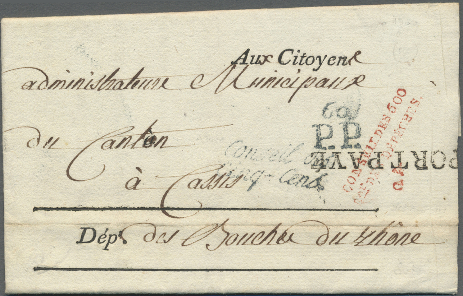 Br Frankreich - Vorphilatelie: 1799, CONSEIL DES CINQ-CENTS, Manuscript Type Double-line Together With Red Double - 1792-1815: Conquered Departments