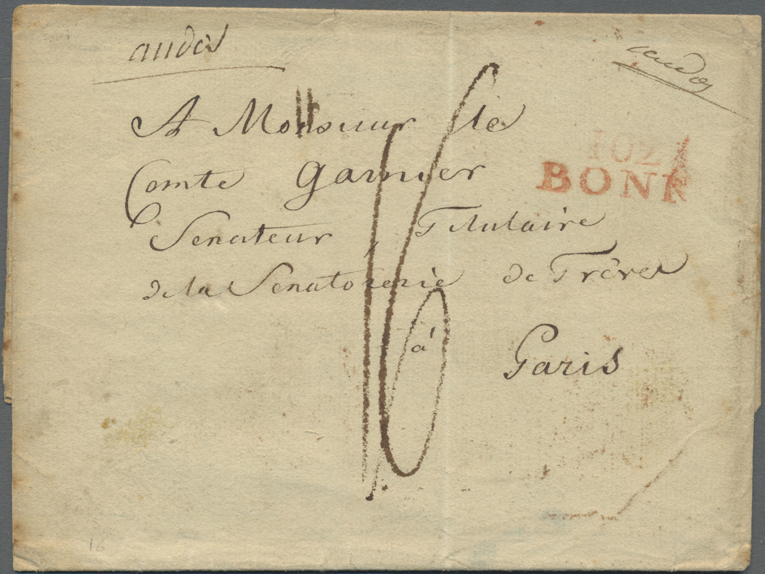 Br Frankreich - Vorphilatelie: 1813, Folded Letter Cover From "102 BONN" Addressed To Comte Germain Garnier In Pa - 1792-1815: Départements Conquis