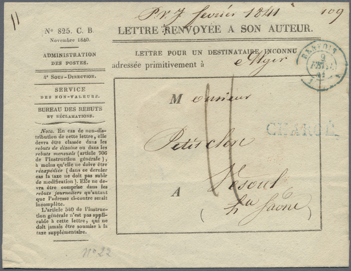 Br Frankreich - Vorphilatelie: 1840, Vordruck-Umschlag "4ere Sous-Direction, Services Des Non-Valeurs - Bureau De - 1792-1815: Départements Conquis