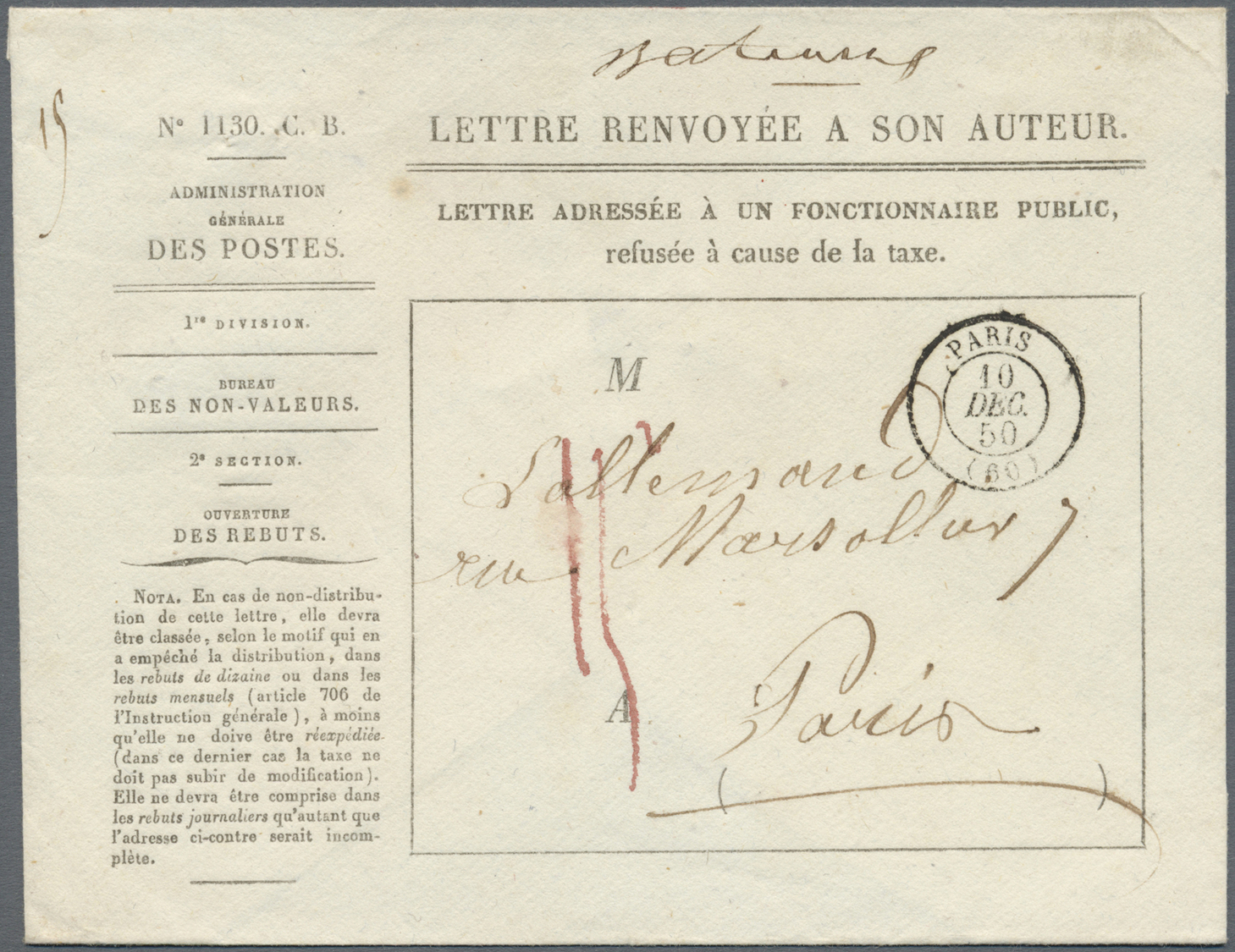 Br Frankreich - Vorphilatelie: 1850, Vordruck-Umschlag "1ere Section, Des Non-Valeurs - Bureau Des Rebuts, " (1. - 1792-1815: Départements Conquis