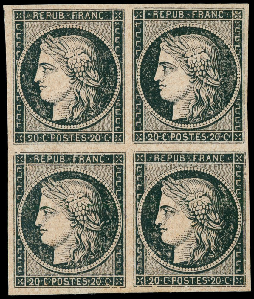 /(*) Frankreich: Mi.Nr. 3 Y Im Allseits Vollr. Viererblock Ohne Gummi, Kab.Einheit!, Nachdruck/Reprint? - Used Stamps