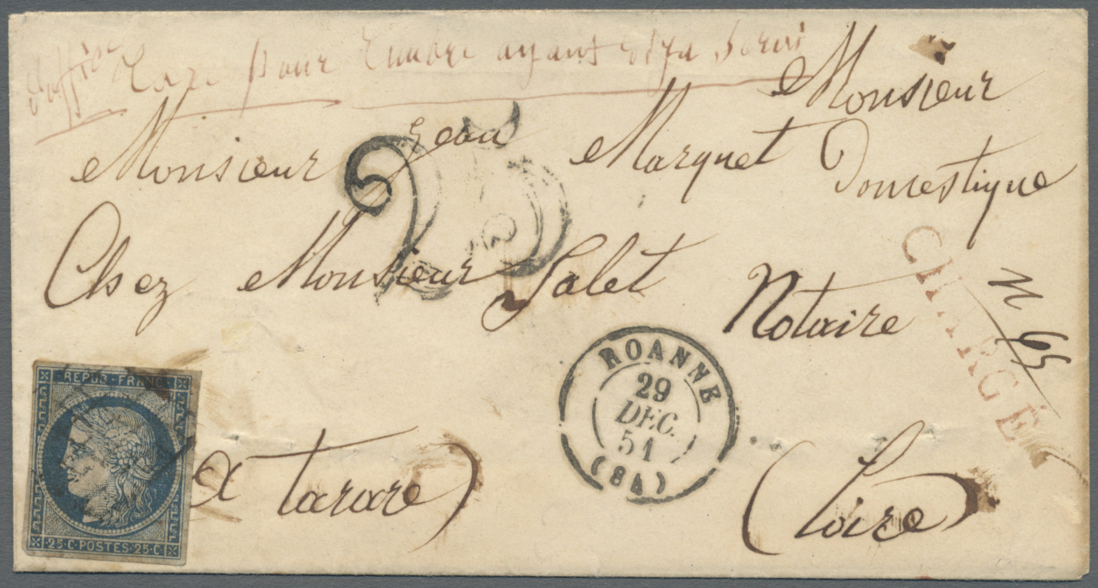 Br Frankreich: 1851, POSTAL FRAUD, 25c. Blue "Ceres", Already Having Been Obliterated Copy On Cover From "ROANNE - Oblitérés