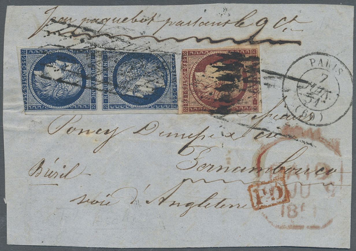 Br/Brrst Frankreich: 1851, 25 C Blau - Sogenanntes Téte-béche-Paar - In Mischfrankatur Mit 1 Fr Auf Briefvorderseite Vo - Used Stamps
